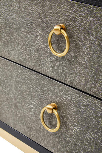 Grey Shagreen 2-Drawer Side Table With Black Top & Gold Metal Legs, Deruta