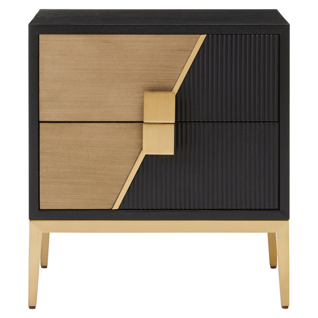 Black Fluted & Natural Grain Diagonal Front 2-Drawer Side Table With Gold Handles, Davoli