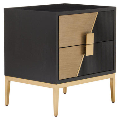 Black Fluted & Natural Grain Diagonal Front 2-Drawer Side Table With Gold Handles, Davoli