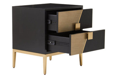 Black Fluted & Natural Grain Diagonal Front 2-Drawer Side Table With Gold Handles, Davoli