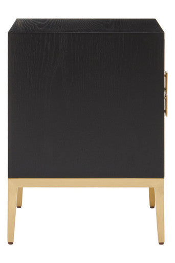Black Fluted & Natural Grain Diagonal Front 2-Drawer Side Table With Gold Handles, Davoli