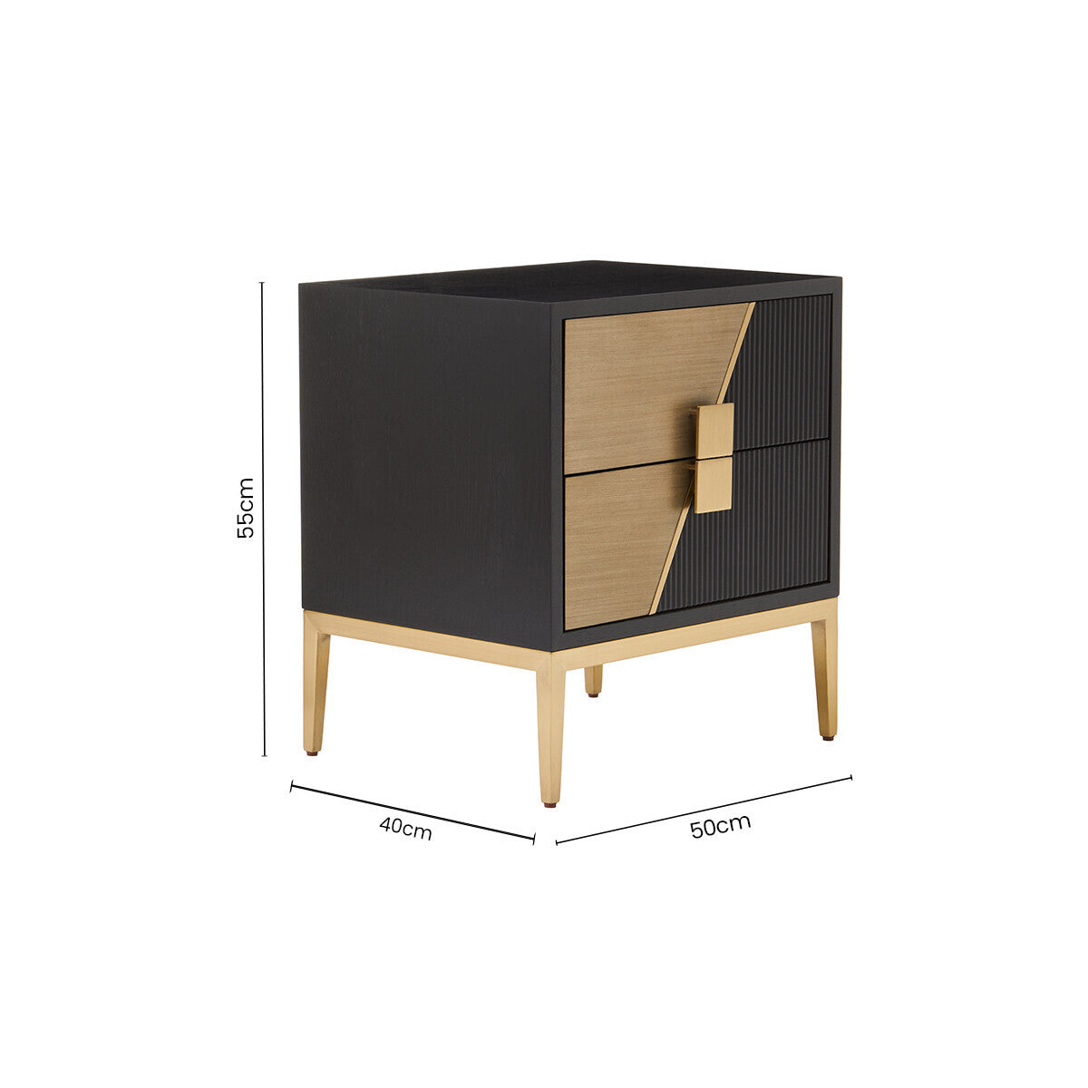 Black Fluted & Natural Grain Diagonal Front 2-Drawer Side Table With Gold Handles, Davoli