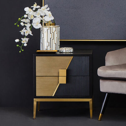 Black Fluted & Natural Grain Diagonal Front 2-Drawer Side Table With Gold Handles, Davoli