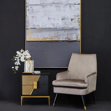 Black Fluted & Natural Grain Diagonal Front 2-Drawer Side Table With Gold Handles, Davoli