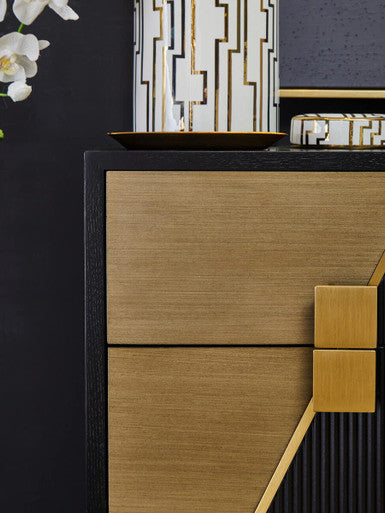 Black Fluted & Natural Grain Diagonal Front 2-Drawer Side Table With Gold Handles, Davoli