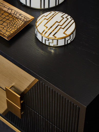Black Fluted & Natural Grain Diagonal Front 2-Drawer Side Table With Gold Handles, Davoli