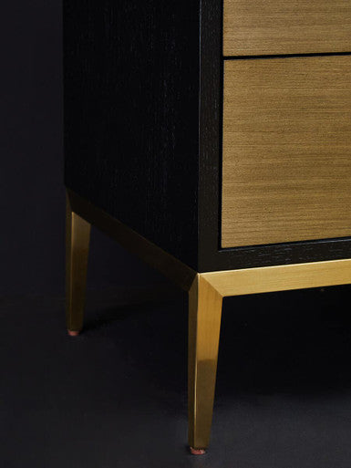 Black Fluted & Natural Grain Diagonal Front 2-Drawer Side Table With Gold Handles, Davoli