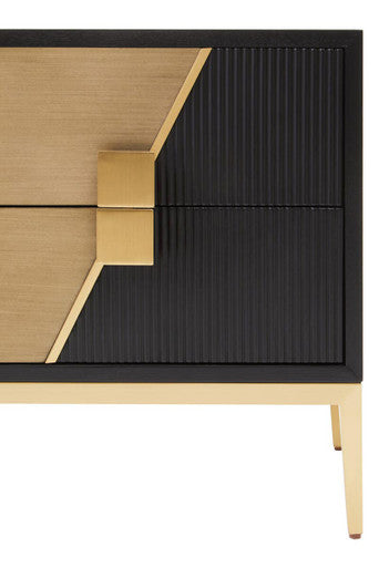 Black Fluted & Natural Grain Diagonal Front 2-Drawer Side Table With Gold Handles, Davoli