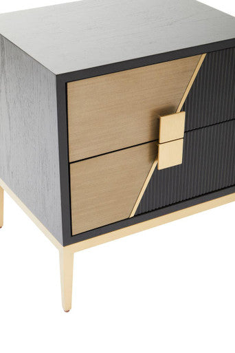 Black Fluted & Natural Grain Diagonal Front 2-Drawer Side Table With Gold Handles, Davoli