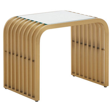 Matte Gold Slatted End Table With Clear Glass Top & Storage Shelf, Vogue