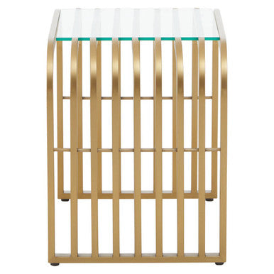 Matte Gold Slatted End Table With Clear Glass Top & Storage Shelf, Vogue