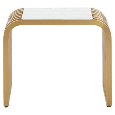 Matte Gold Slatted End Table With Clear Glass Top & Storage Shelf, Vogue