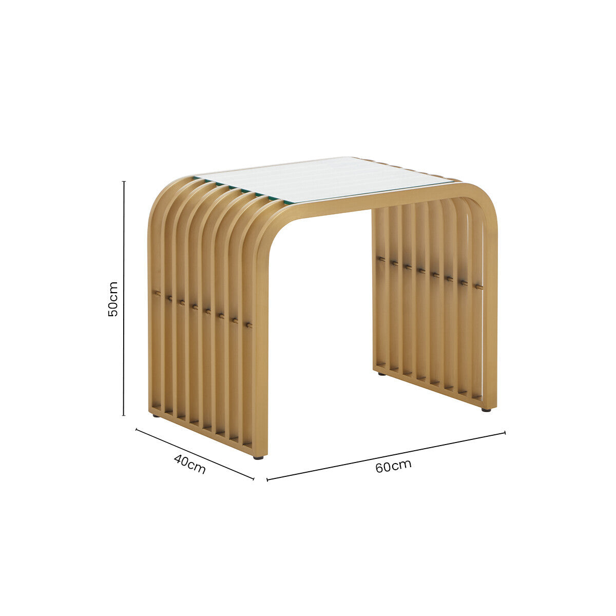 Matte Gold Slatted End Table With Clear Glass Top & Storage Shelf, Vogue