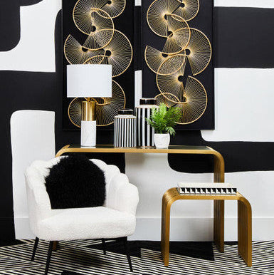 Matte Gold Slatted End Table With Clear Glass Top & Storage Shelf, Vogue