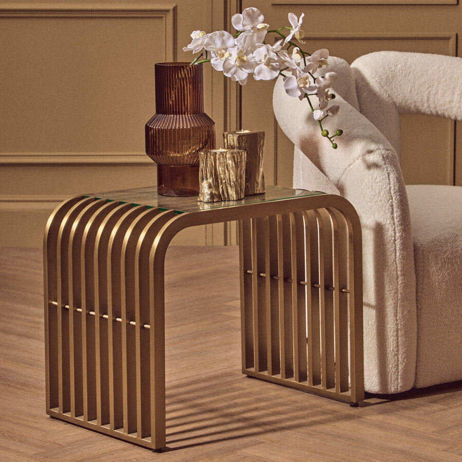 Matte Gold Slatted End Table With Clear Glass Top & Storage Shelf, Vogue