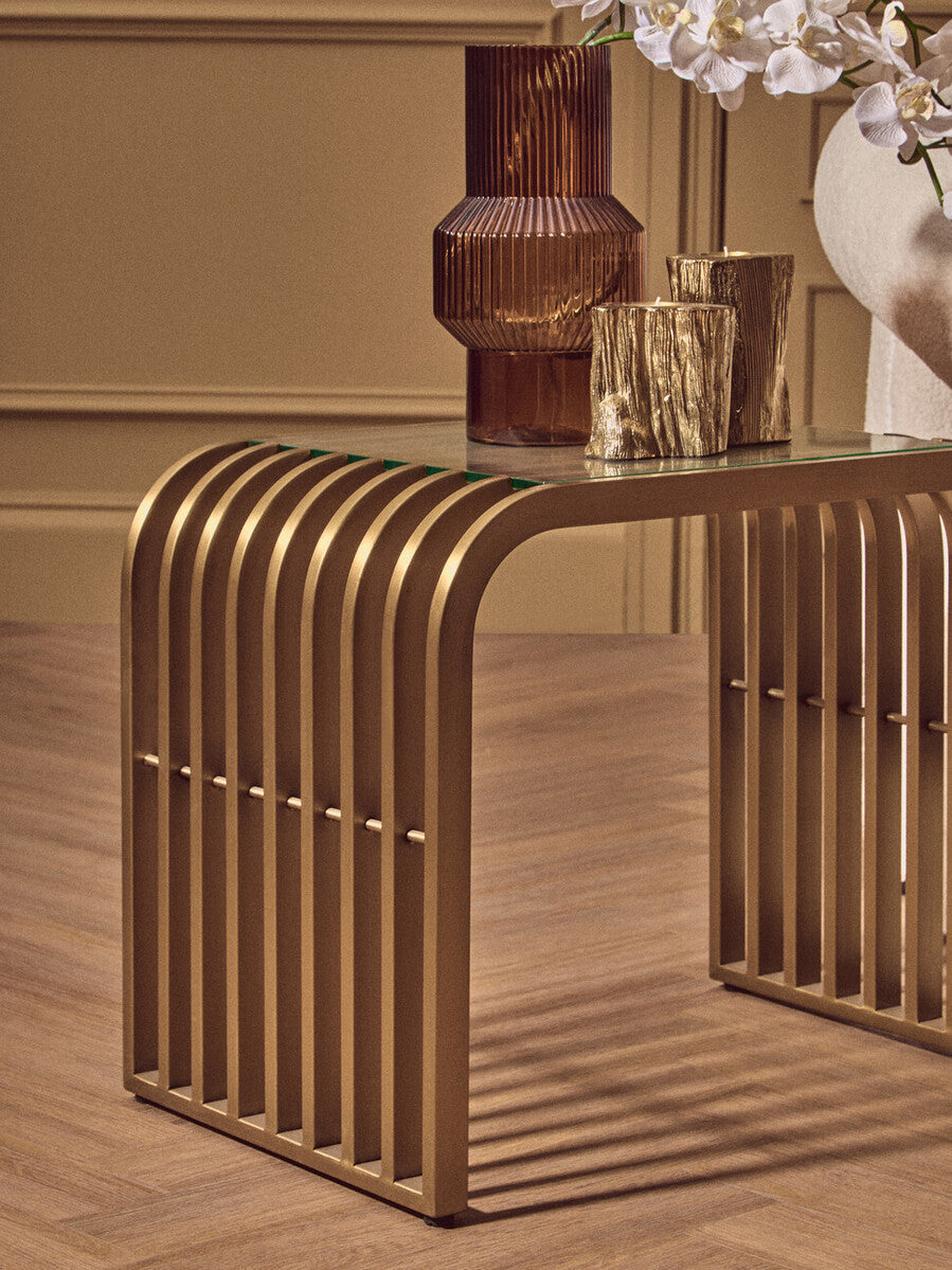 Matte Gold Slatted End Table With Clear Glass Top & Storage Shelf, Vogue