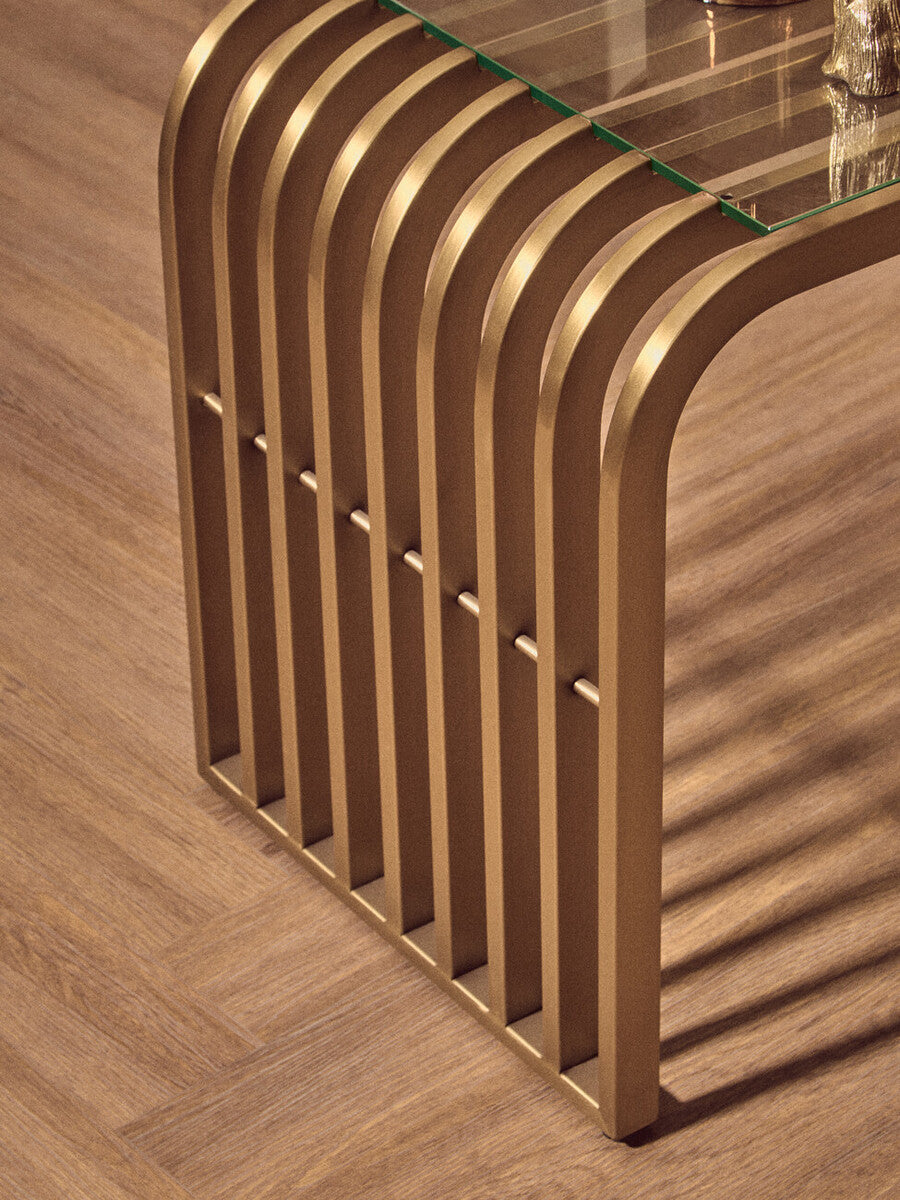 Matte Gold Slatted End Table With Clear Glass Top & Storage Shelf, Vogue