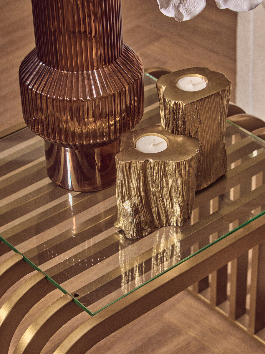 Matte Gold Slatted End Table With Clear Glass Top & Storage Shelf, Vogue