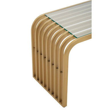 Matte Gold Slatted End Table With Clear Glass Top & Storage Shelf, Vogue