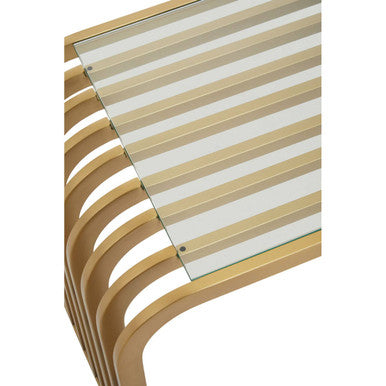 Matte Gold Slatted End Table With Clear Glass Top & Storage Shelf, Vogue