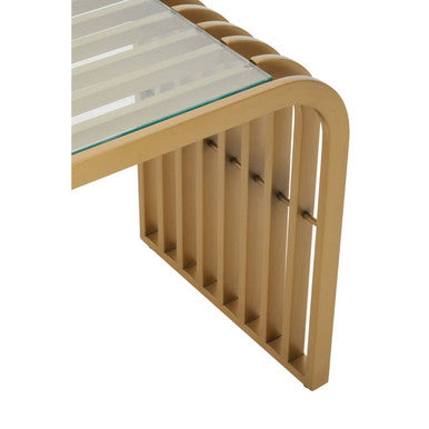 Matte Gold Slatted End Table With Clear Glass Top & Storage Shelf, Vogue