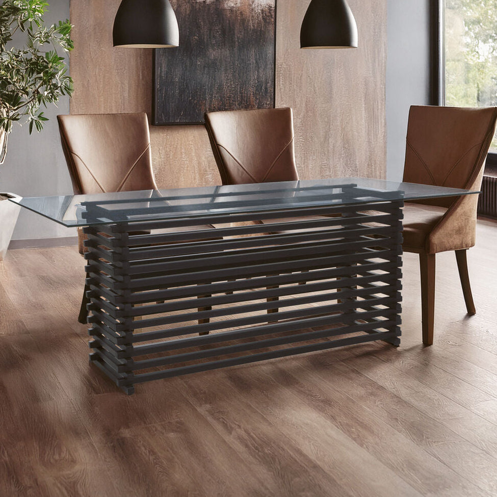 Matte Black Stainless Steel & Clear Glass Rectangular Dining Table With Storage, Vogue