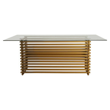 Rectangular Glass Top Dining Table With Matte Gold Stainless Steel Base, Vogue