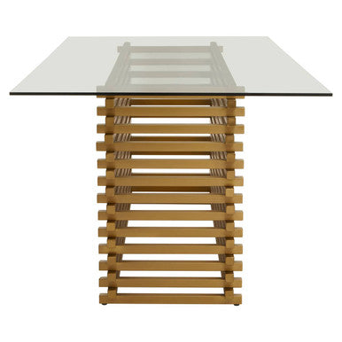 Rectangular Glass Top Dining Table With Matte Gold Stainless Steel Base, Vogue
