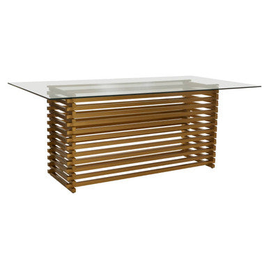 Rectangular Glass Top Dining Table With Matte Gold Stainless Steel Base, Vogue