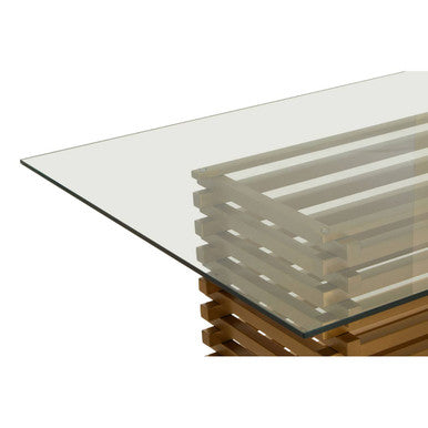Rectangular Glass Top Dining Table With Matte Gold Stainless Steel Base, Vogue