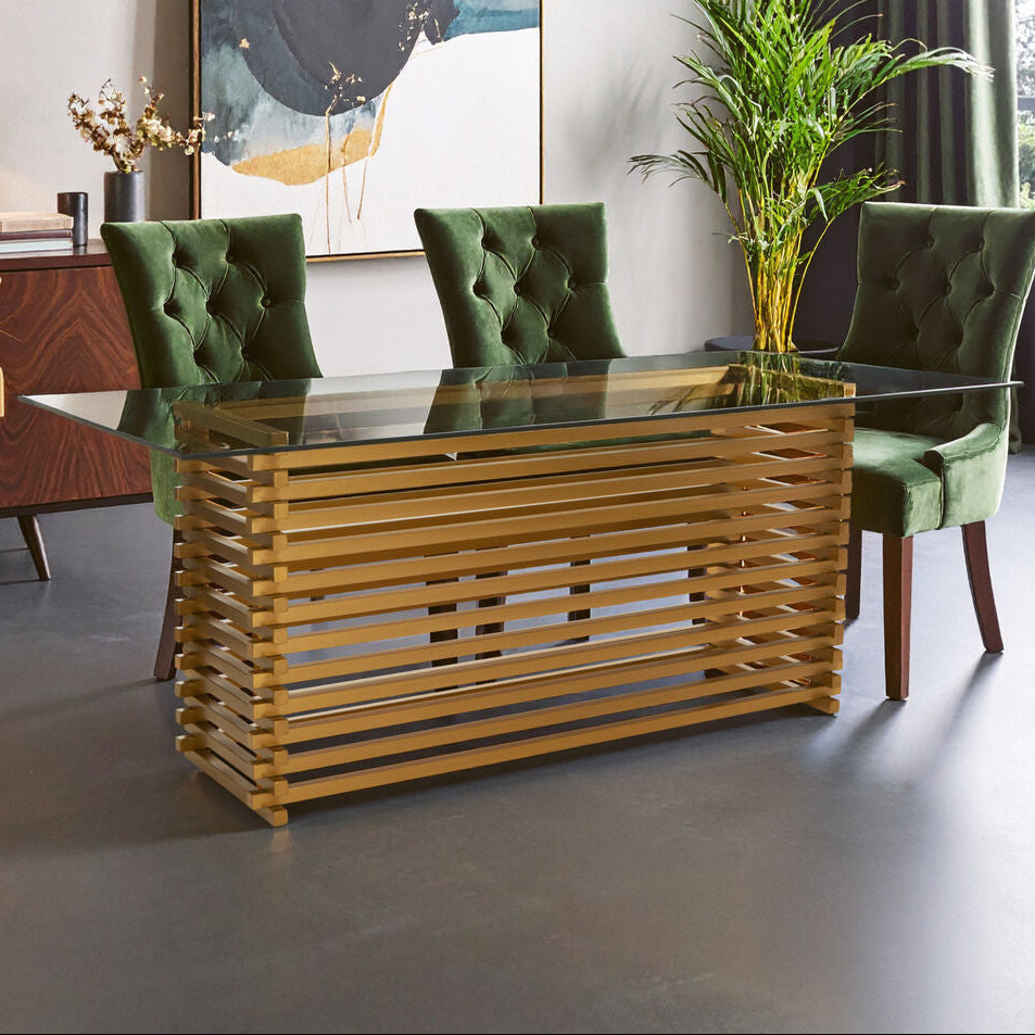 Rectangular Glass Top Dining Table With Matte Gold Stainless Steel Base, Vogue