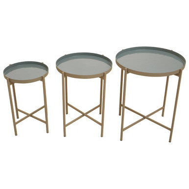 Set Of 3 Grey Enamel Top Nesting Ide Tables With Gold X-Base Legs, Corra