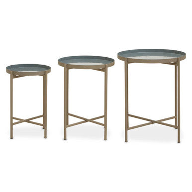 Set Of 3 Grey Enamel Top Nesting Ide Tables With Gold X-Base Legs, Corra