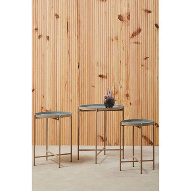 Set Of 3 Grey Enamel Top Nesting Ide Tables With Gold X-Base Legs, Corra
