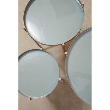 Set Of 3 Grey Enamel Top Nesting Ide Tables With Gold X-Base Legs, Corra