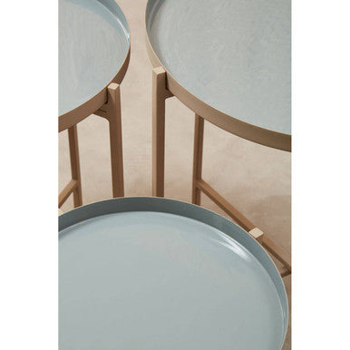 Set Of 3 Grey Enamel Top Nesting Ide Tables With Gold X-Base Legs, Corra