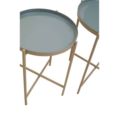 Set Of 3 Grey Enamel Top Nesting Ide Tables With Gold X-Base Legs, Corra
