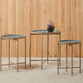 Set Of 3 Grey Enamel Top Nesting Ide Tables With Gold X-Base Legs, Corra
