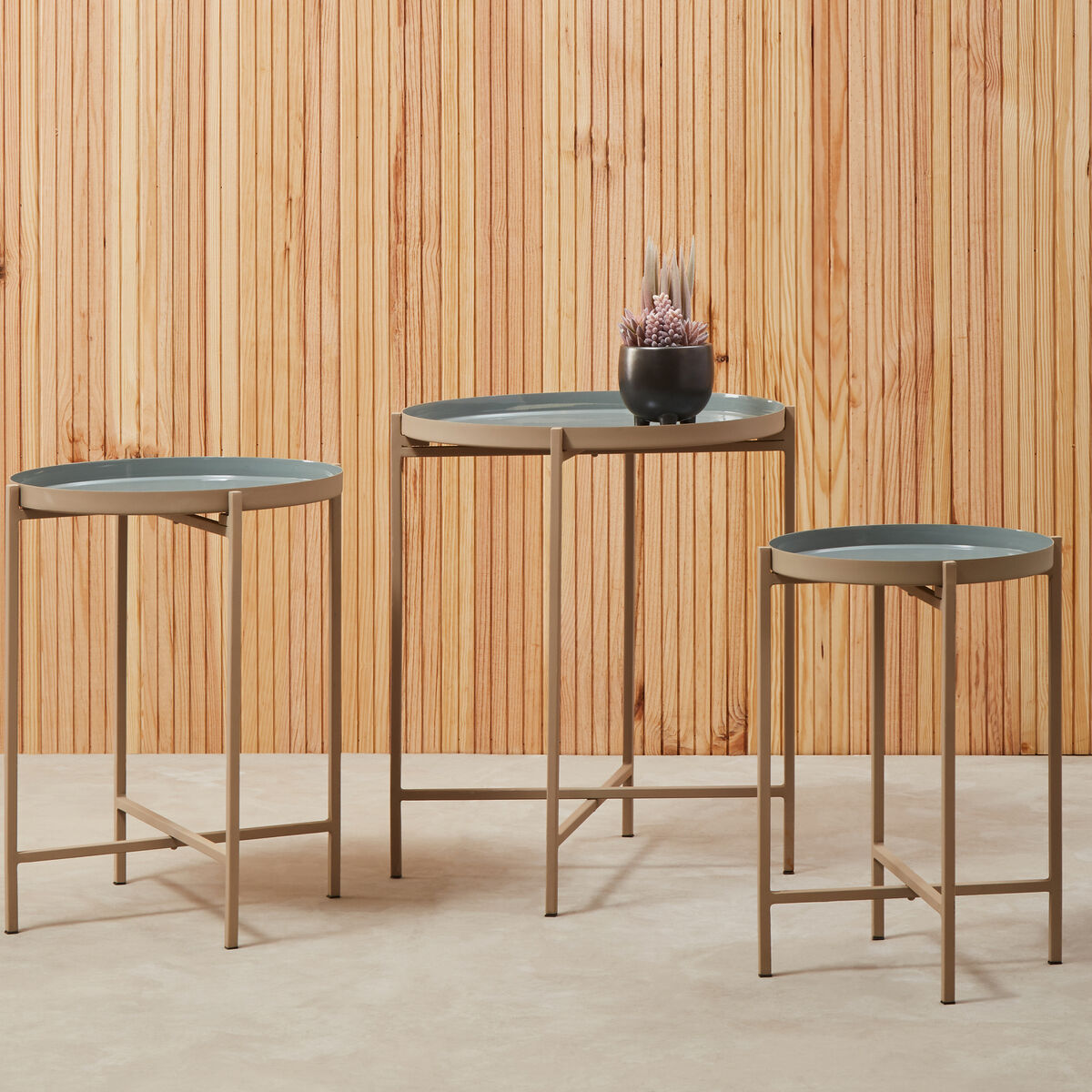 Set Of 3 Grey Enamel Top Nesting Ide Tables With Gold X-Base Legs, Corra