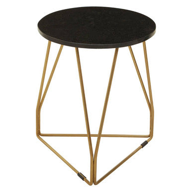 Black Marble Top Side Table With Gold Geometric Sledge Base, Corra