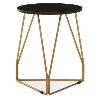 Black Marble Top Side Table With Gold Geometric Sledge Base, Corra