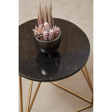 Black Marble Top Side Table With Gold Geometric Sledge Base, Corra