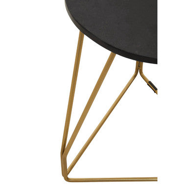 Black Marble Top Side Table With Gold Geometric Sledge Base, Corra