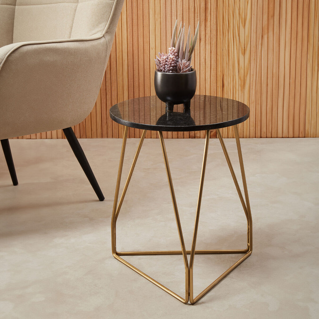 Black Marble Top Side Table With Gold Geometric Sledge Base, Corra