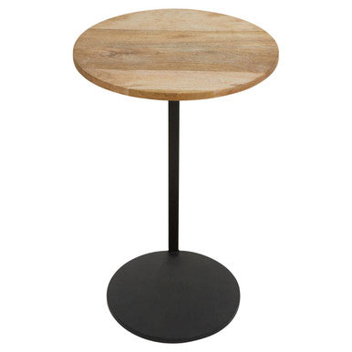 Natural Round Wooden Top C-Shaped Side Table Black Metal Base, Corra