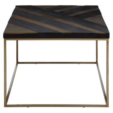 Aris Black & Gold Striped Acacia Wood Coffee Table With Interconnected Metal Legs, Aris