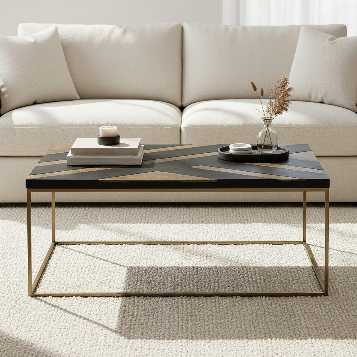 Aris Black & Gold Striped Acacia Wood Coffee Table With Interconnected Metal Legs, Aris