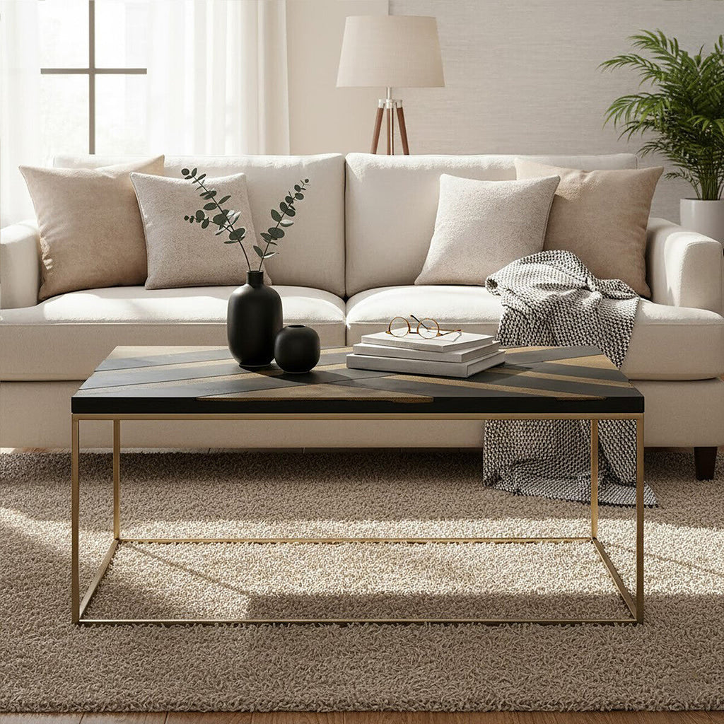 Aris Black & Gold Striped Acacia Wood Coffee Table With Interconnected Metal Legs, Aris