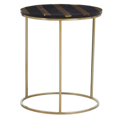 Aris Black & Gold Striped Acacia Wood Round Coffee Table With Interconnected Metal Legs, Aris