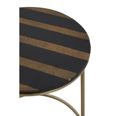 Aris Black & Gold Striped Acacia Wood Round Coffee Table With Interconnected Metal Legs, Aris